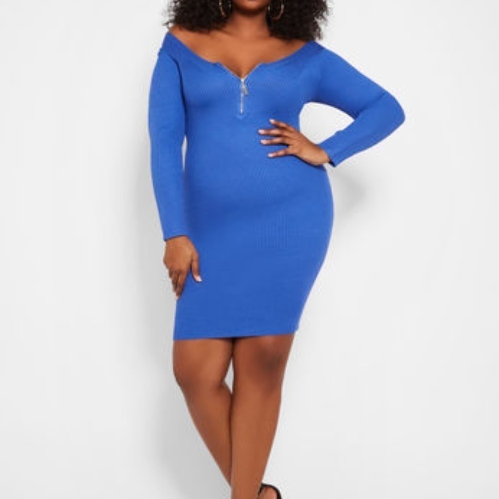 ZIP FRONT RIBBED SWEATER DRESS